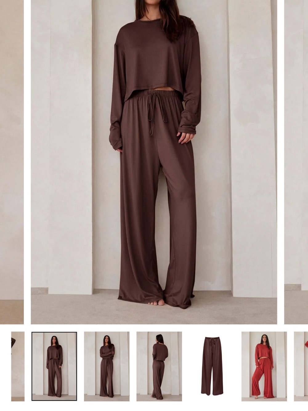 Wide-Leg Lounge Pants in Dark Brown - Casual Drawstring Waist